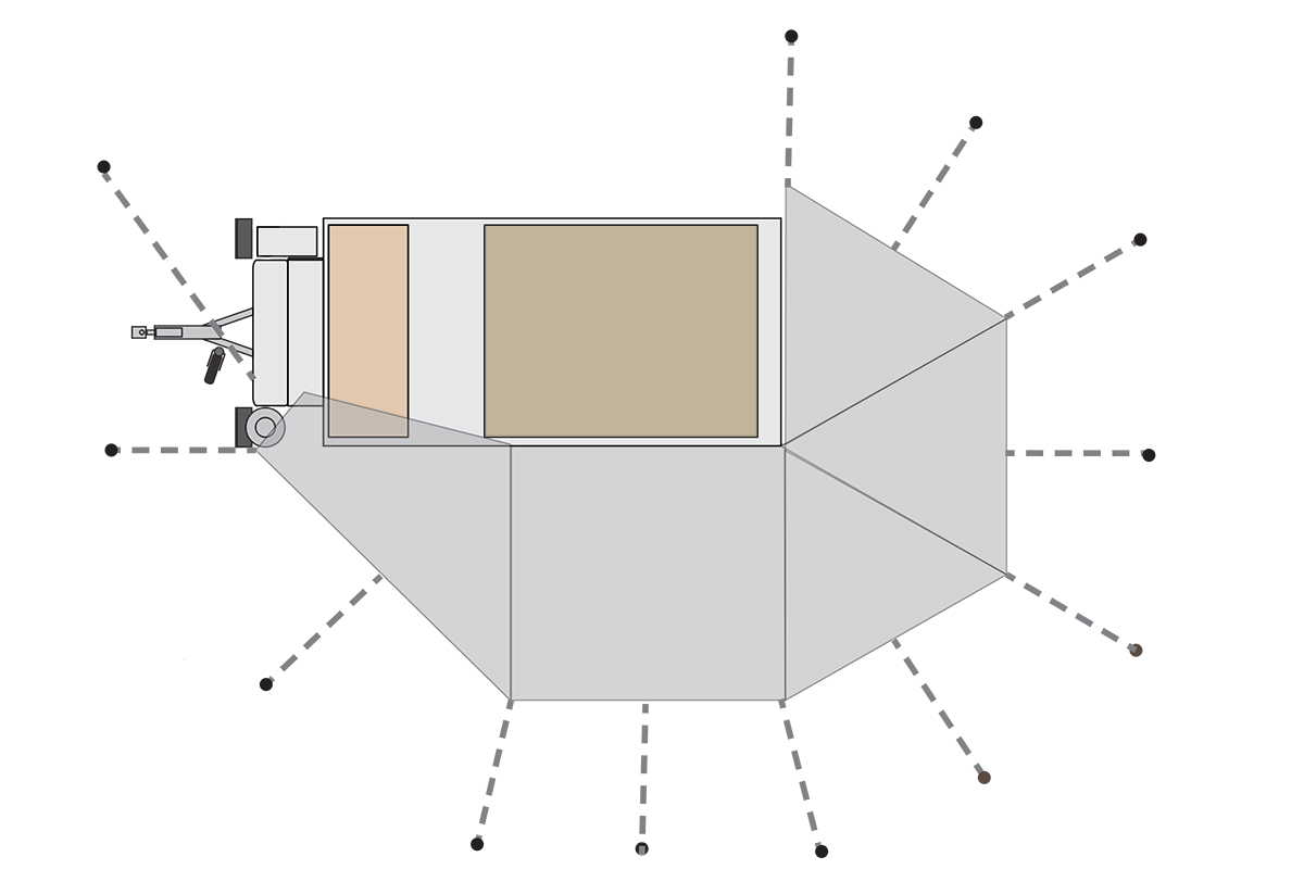 Kimberley Kampers Teardrop Kube Camper with Darche awning layout, displaying a compact camping setup with extended shade.