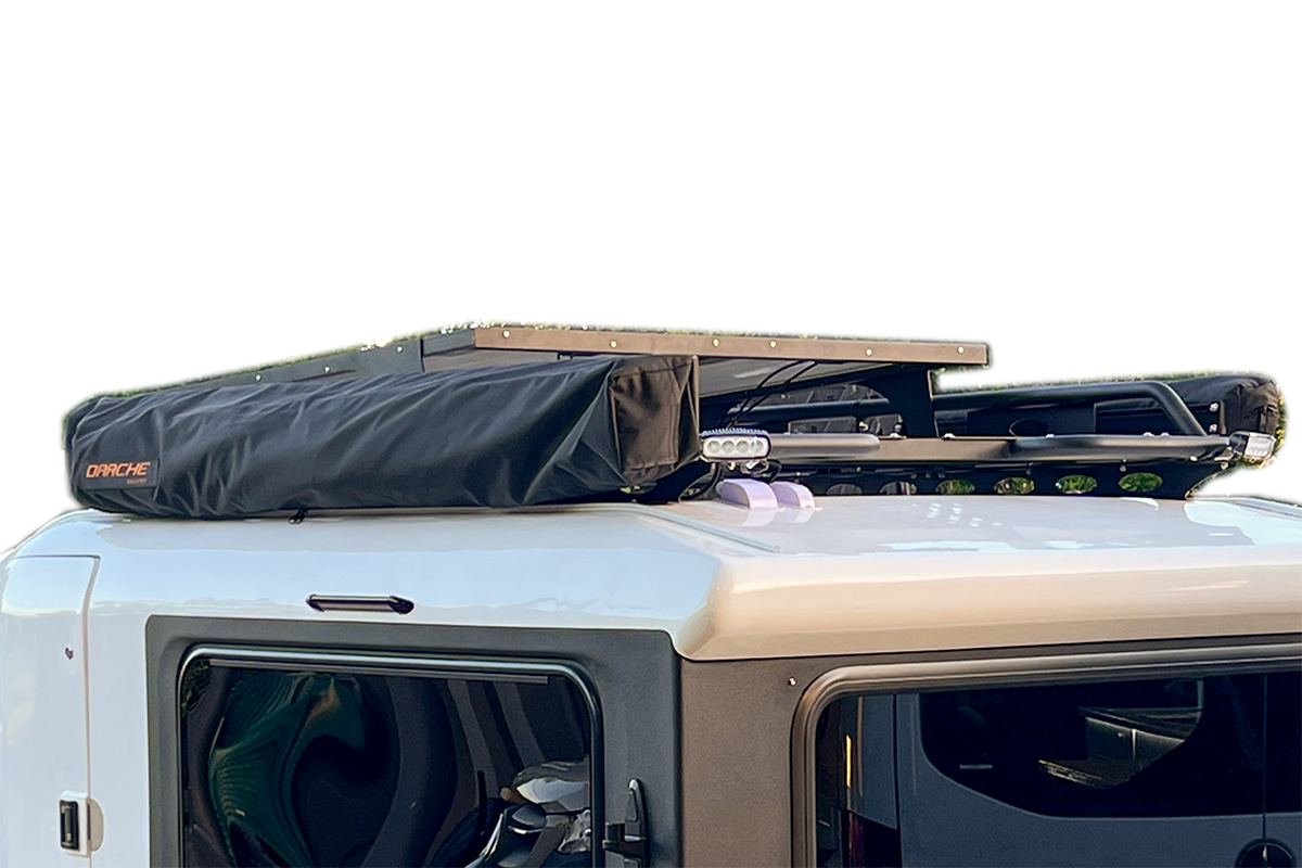 Kimberley Kampers Kube teardrop camper with multiple Darche awnings detail view.