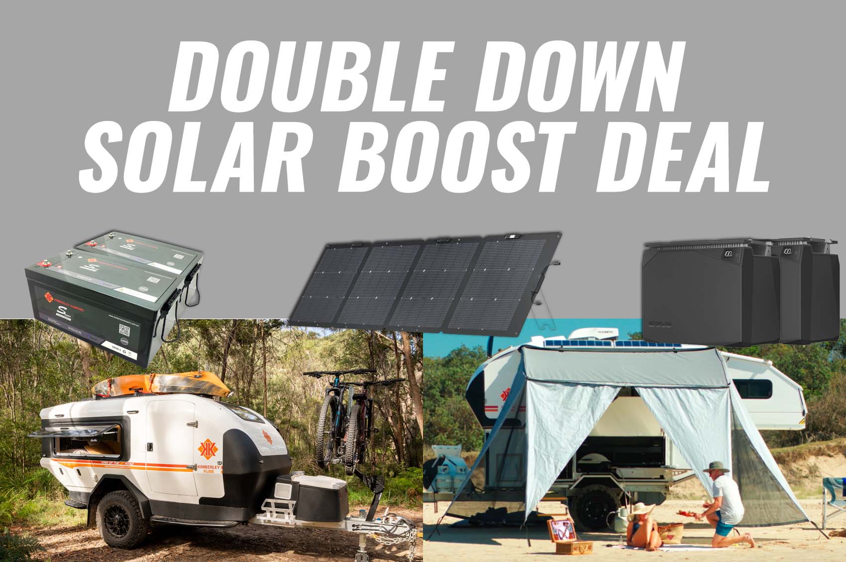 Double Down Solar Boost deal banner featuring Karavan and Kube with doubled battery power and free solar panel for off-road camping.